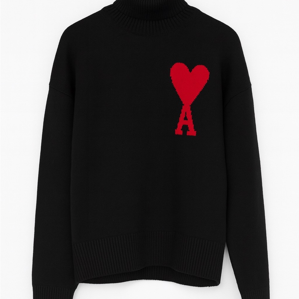 Ami Black Turtleneck Sweater with Red Heart Logo